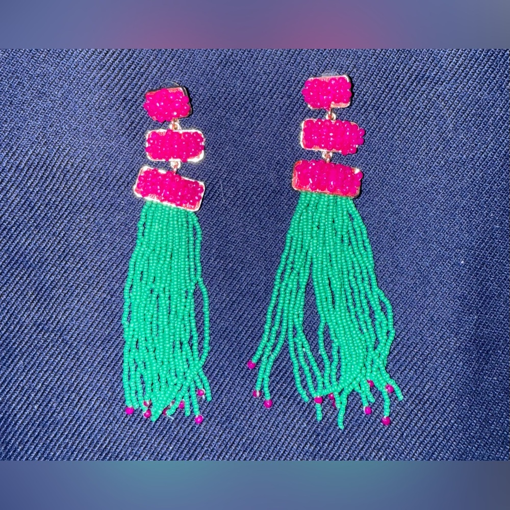 EUC Pink and Green Beaded Tassel Earrings